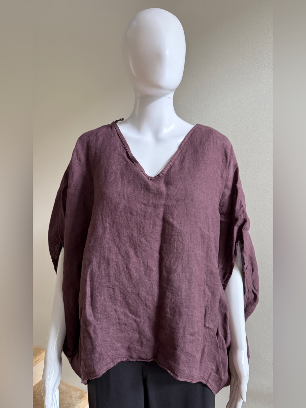 RAW MODA 100% Linen V-Neck Top Blouse Tunic Top One Size